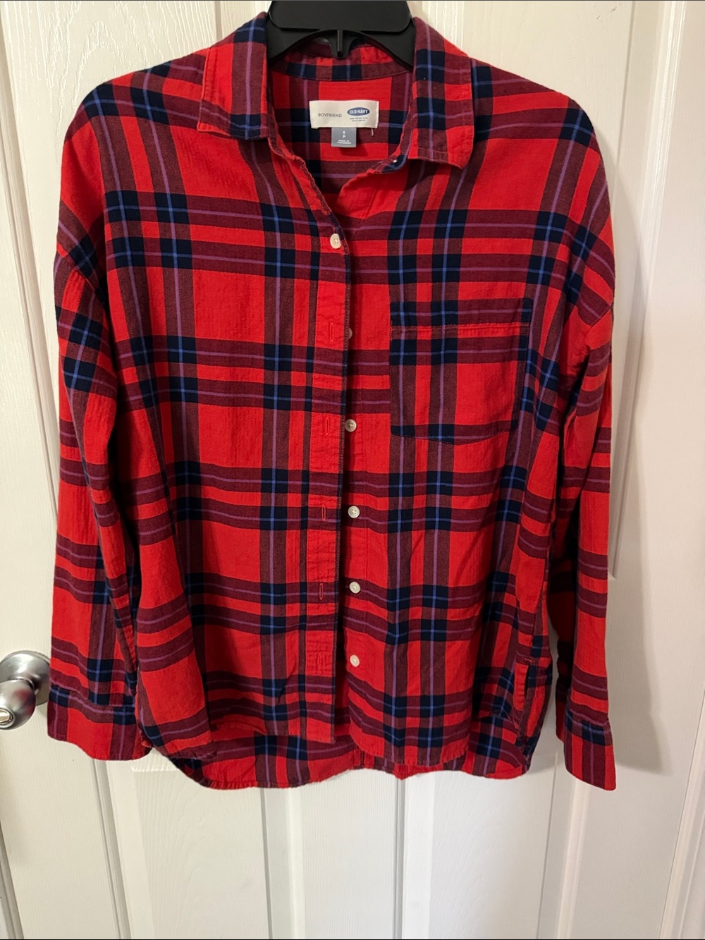 Old Navy Red Plaid Button-Down Shirt with Navy Accents